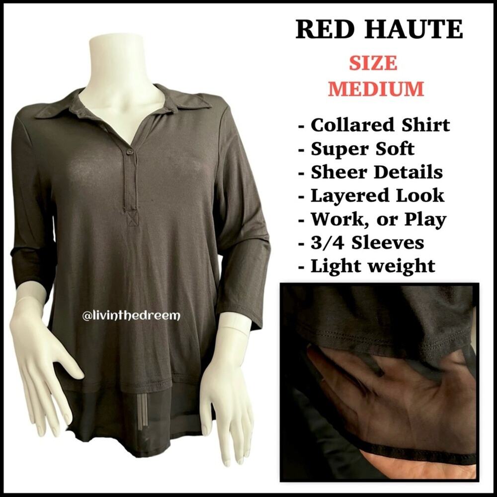 RED HAUTE COLLARED SHEER PANEL LONG SLEEVE SHIRT SZ M $79